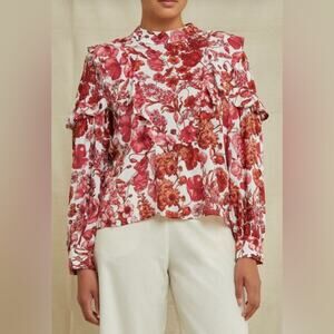Amour Vert Clara Ecovero Floral Ruffled High Neck Blouse Small